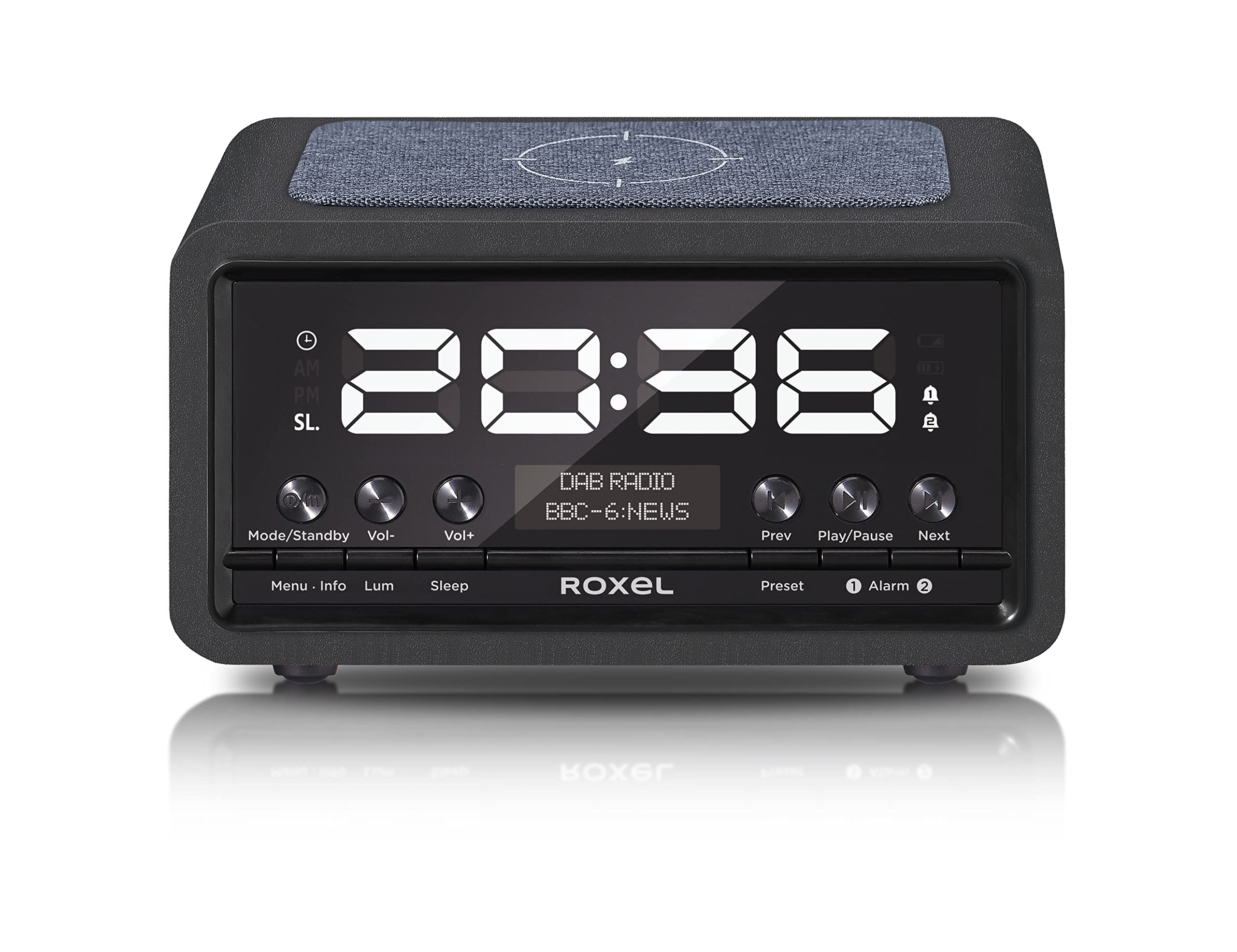 Roxel Nod Bedside Radio, DAB/DAB+ & FM Radio, Alarm Clock, Wireless Phone Charging, Large Digit Display, Dual Bedside Alarm Clock with Wireless Streaming (Black)