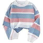 RoseSeek Girl's Color Block Striped Sweater Crew Neck Pullover Sweaters Loose Jumper
