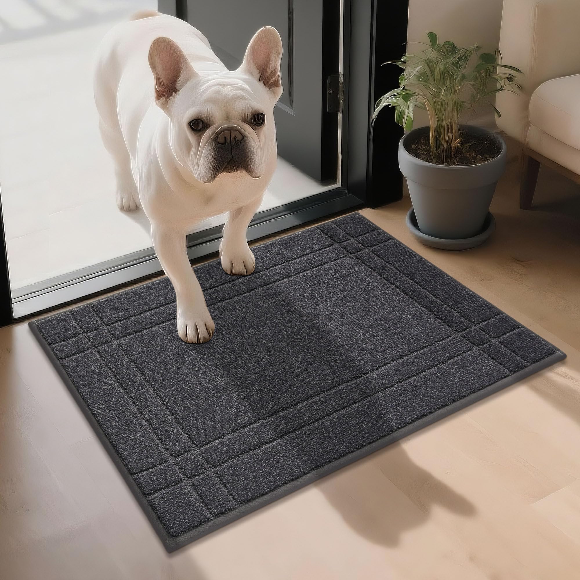 Photo 1 of JSEI Entryway Rugs Doormat 20"x32", Non-Slip Dirt Trapper Door Mats Indoor, Washable Absorbent and Stain Resist Welcome Floor Mat for Front Door, Dog Door Mat, Muddy Wet Shoes & Paws, Dark Grey