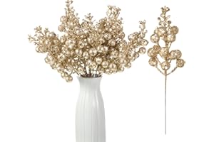 Geosar 36 Pcs Christmas Glittered Berries Stems 7.9 Inch Artificial Berries Sprays Branches Floral Pick for Christmas Tree Ornament, DIY Xmas Wreath, Crafts, Home Decor(Champagne,Pure Color)