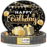 50PCS Black and Gold Birthday Oval Paper Plates 11inch Large Black Party Decorations Platters, Happy Birthday Party Heavy Duty Dish Tray for Men Women Gathering BBQ Dinner Tableware Supplies