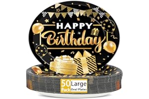 LONFLINESS 50PCS Black and Gold Birthday Oval Paper Plates 11inch Large Black Party Decorations Platters, Happy Birthday Party Heavy Duty Dish Tray for Men Women Gathering BBQ Dinner Tableware Supplies