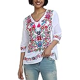 YZXDORWJ Women's Summer Embroidered Mexican Shirts Short Sleeve Casual Tops Blouse