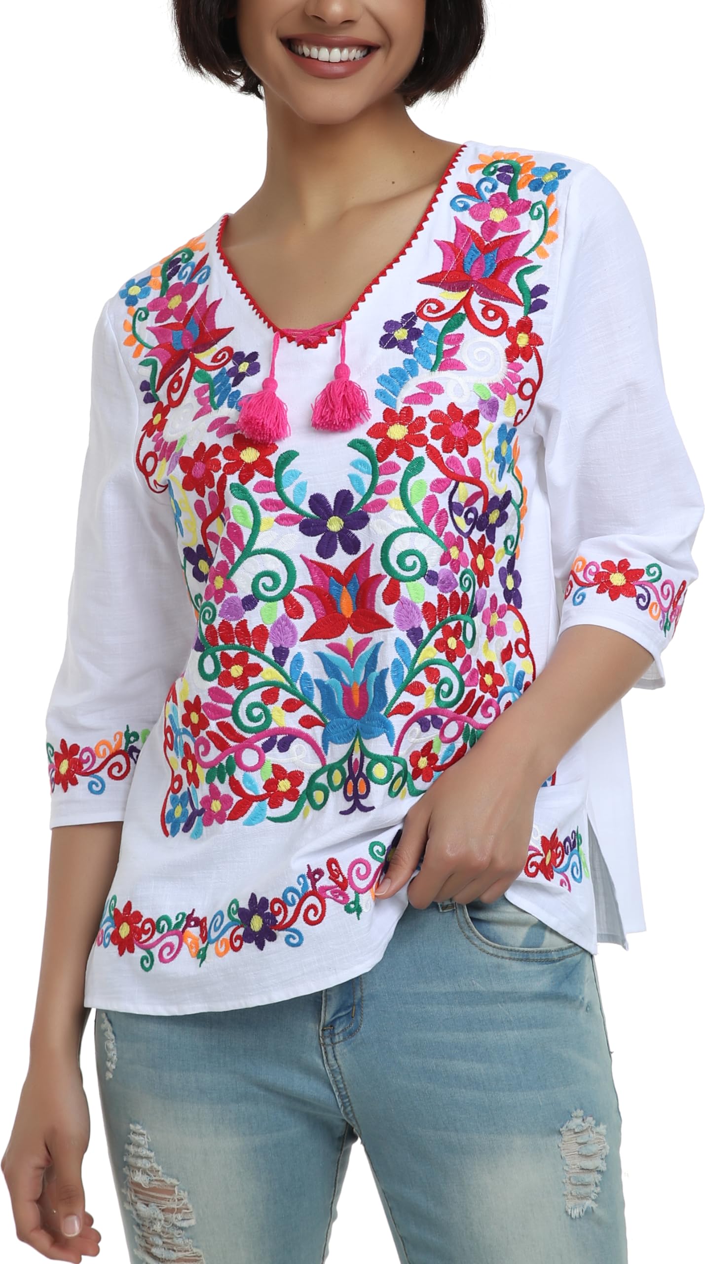 Photo 1 of YZXDORWJ Women's Mexican 3/4 Sleeve Blouse Floral Embroidered Traditional V Neck Top Multicolor Boho Tunic (XXXL, 171W)