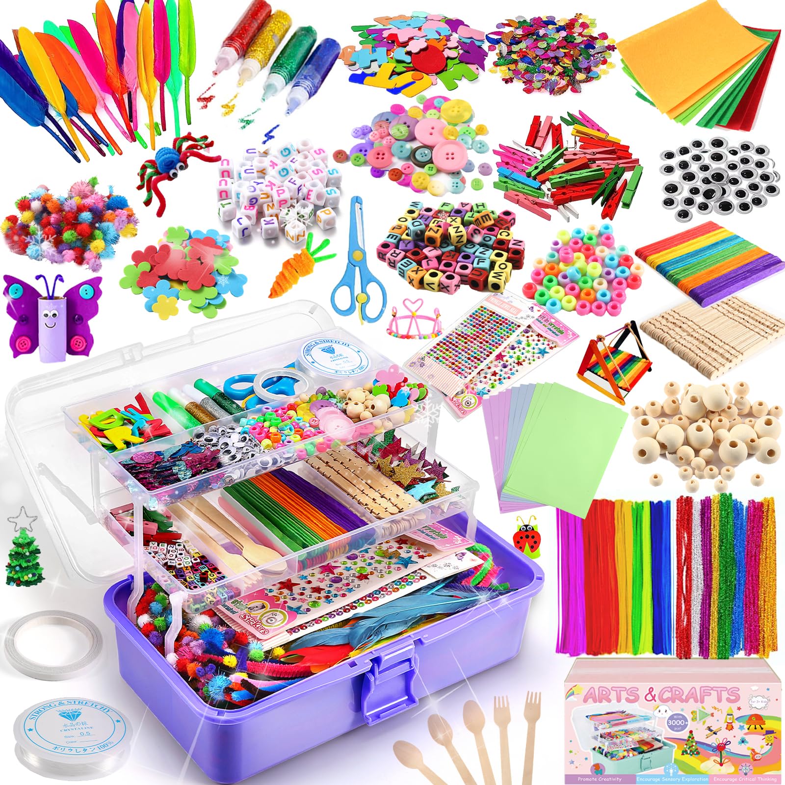 Arts and Crafts Supplies for Kids, 3000+Pcs DIY Craft Kits, Ages 6-10, Educational Preschool and Homeschooling Arts Programs, Children Craft Kits, Christmas Gifts in Portable 3 Layered Plastic Art Box
