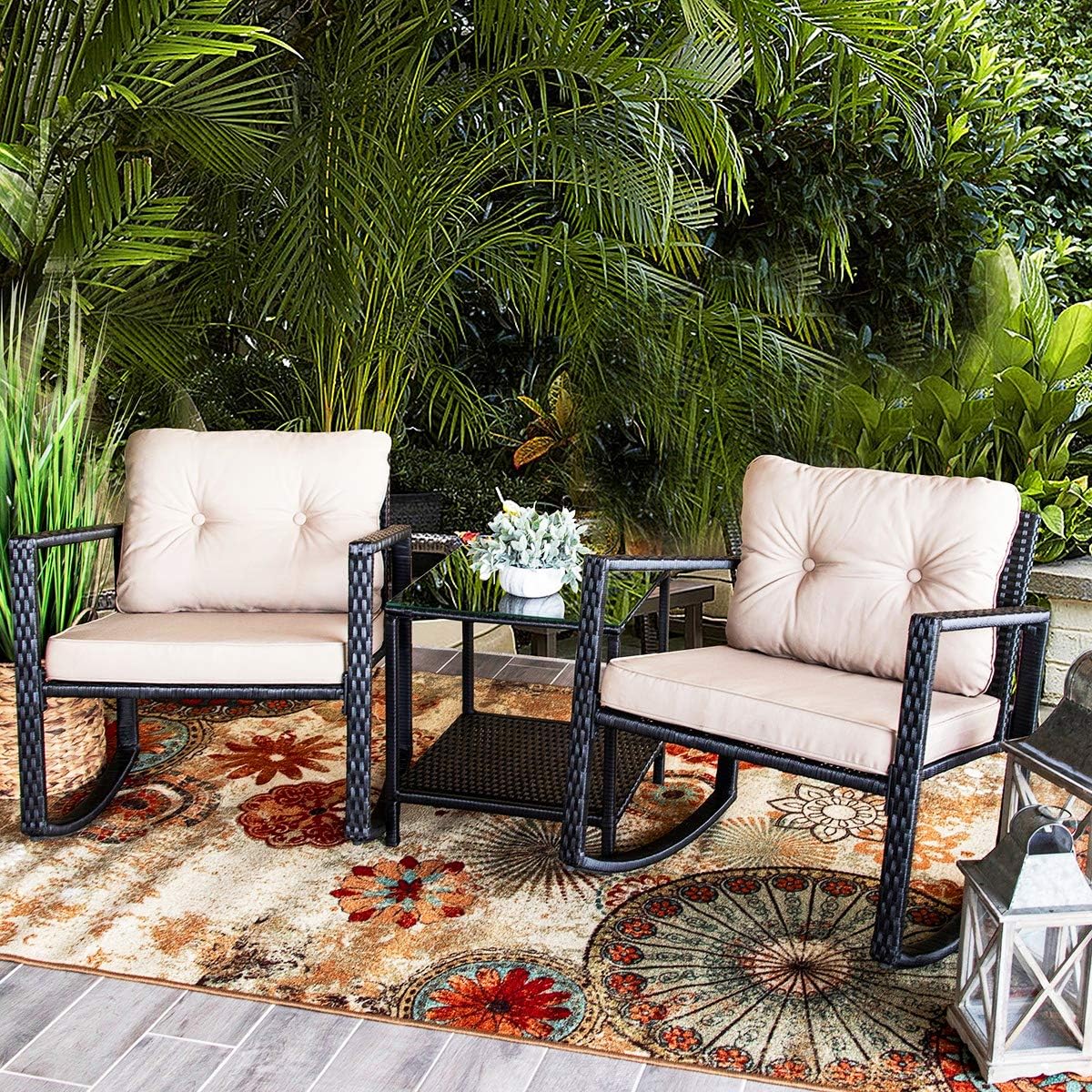 Barton Patio Rocking Chair 3pcs Set Patio Wicker Rattan Bistro Furniture Outdoor Rocker Chair Cushion w/Glass Coffee Table Set: Garden & Outdoor