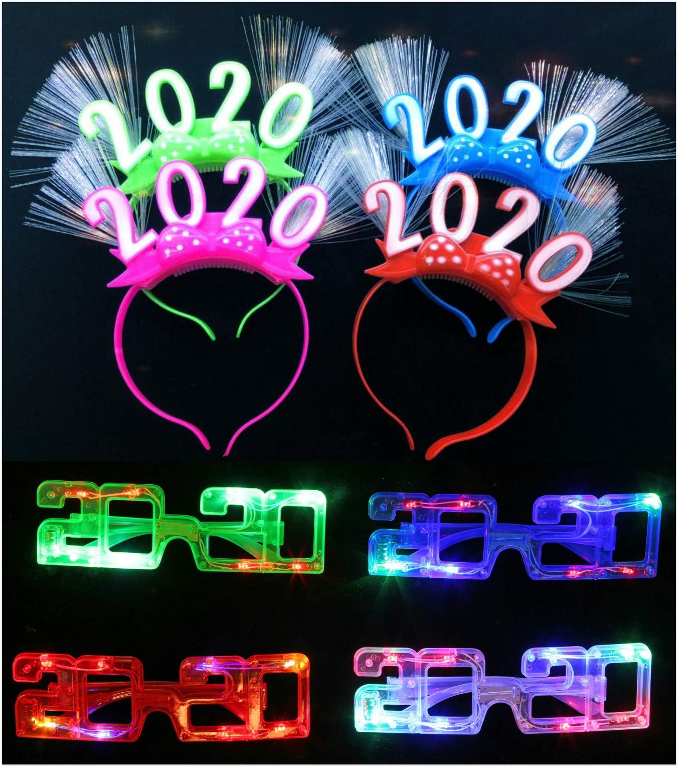 Toner Depot 2021 New Year Celebration Box LED Light up Happy New Year Headbands and Eyeglasses Value Pack - 4 LED Flashing Fiber Optic Headbands and 4 Multicolor Led Light Party Glasses Set of 8
