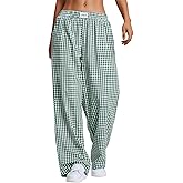LOMON Women's Boxers Gingham Plaid Wide Leg Pants Cotton Pajama Lounge Pj Casual Trousers Y2K Flowy Bottoms with Pockets (Green White Plaid, XXL)