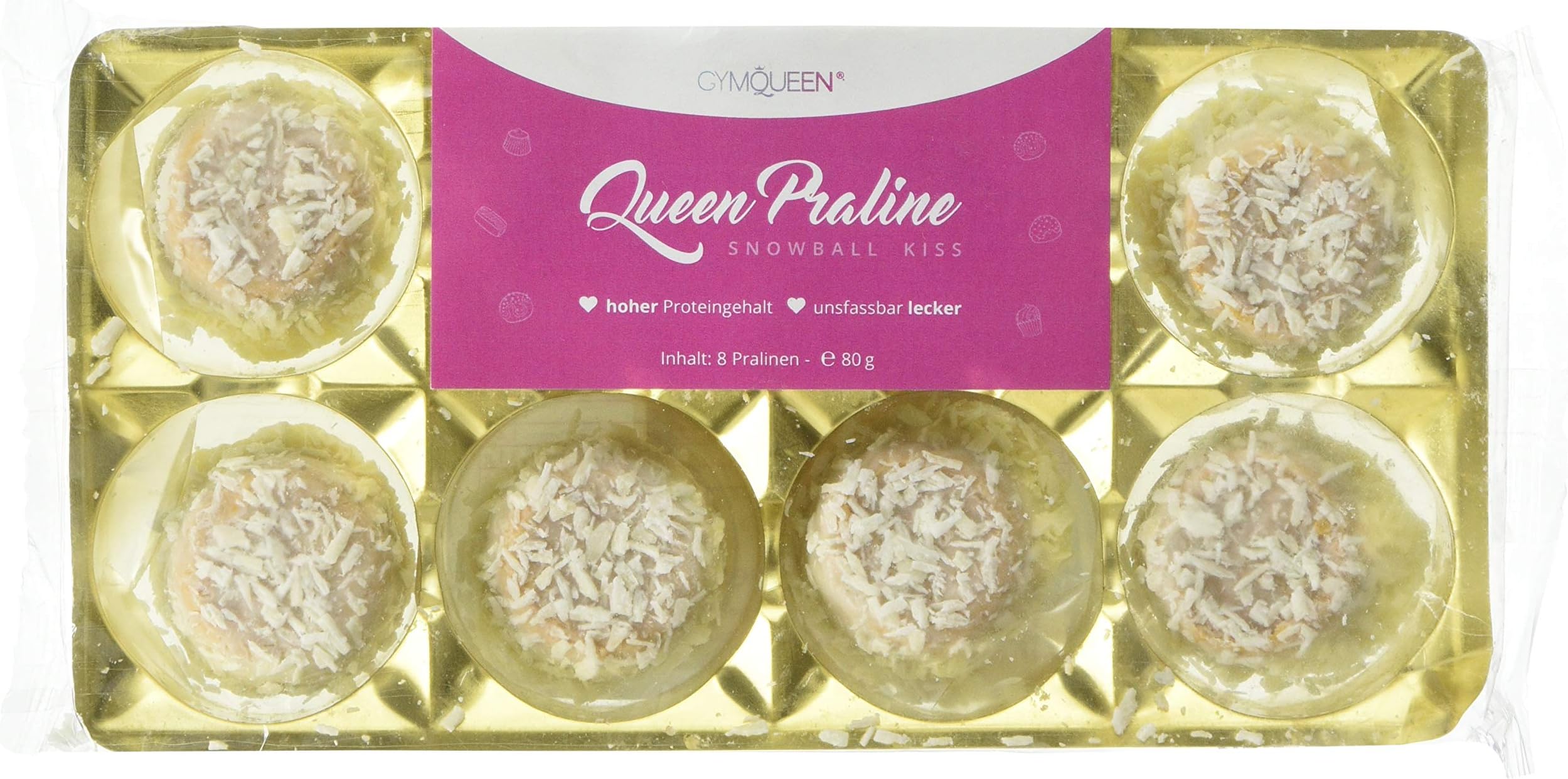GymQueen Queen Low-Carb Praline (80g) Snowball Kiss, 8 Bars