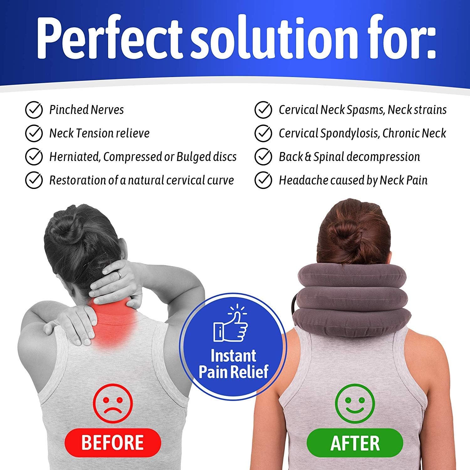 Inflatable Cervical Neck Traction Device & Collar Brace, USA Designed, Best for Neck Support & Instant Relief for Chiropractic Chronic Neck Pain, Spine Alignment, Adjustable Pillow Size, (Universal): Health & Personal Care