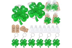 CiciBear 60 Pack Double-deck Four Leaf Clover Lucky Clover Sequin Keychain Set with 20 Keychains, 20 Thank You Tags and 20 Gift Bags for St Patricks Party Favor, Kids and Adult Birthday, Baby Shower