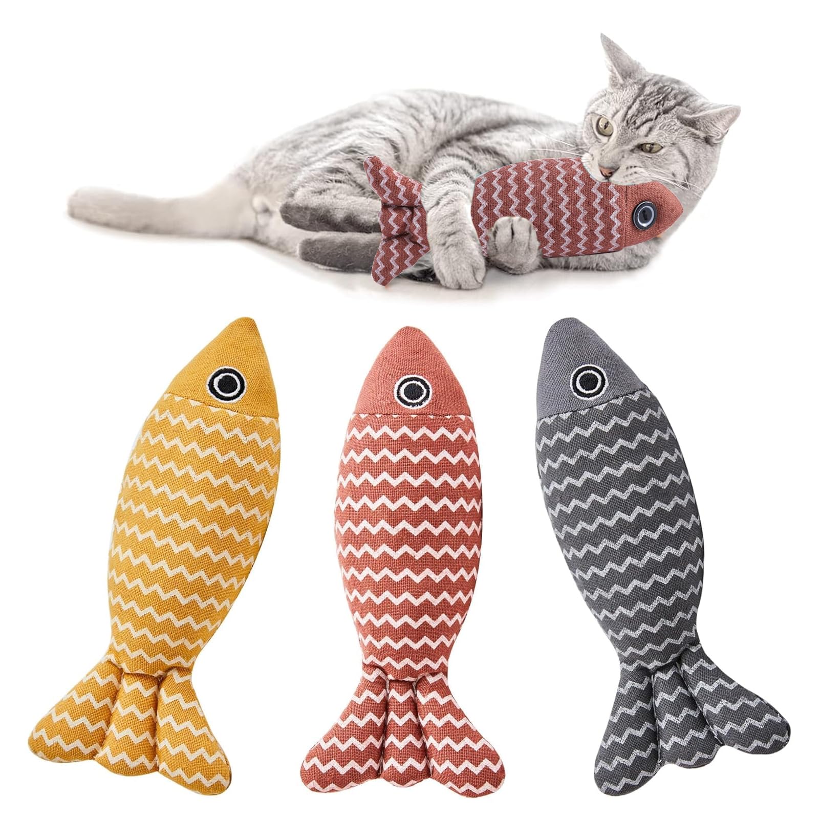 Kemowi Catnip Toys for Cats, 3 Pcs Fish Cat Chew Toys for Indoor Cats, Soft Linen Kicker Toy for Teething & Interactive Play, Red Navy Yellow