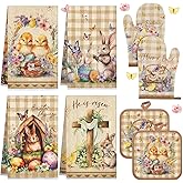 VitalCozy 8 Pcs Easter Kitchen Towels Oven Mitts and Pot Holder Sets Happy Easter Floral Kitchen Towels Retro Dish Towel Cute Bunny Egg Cross Heat Resistant Oven Gloves Potholder for Holiday Baking