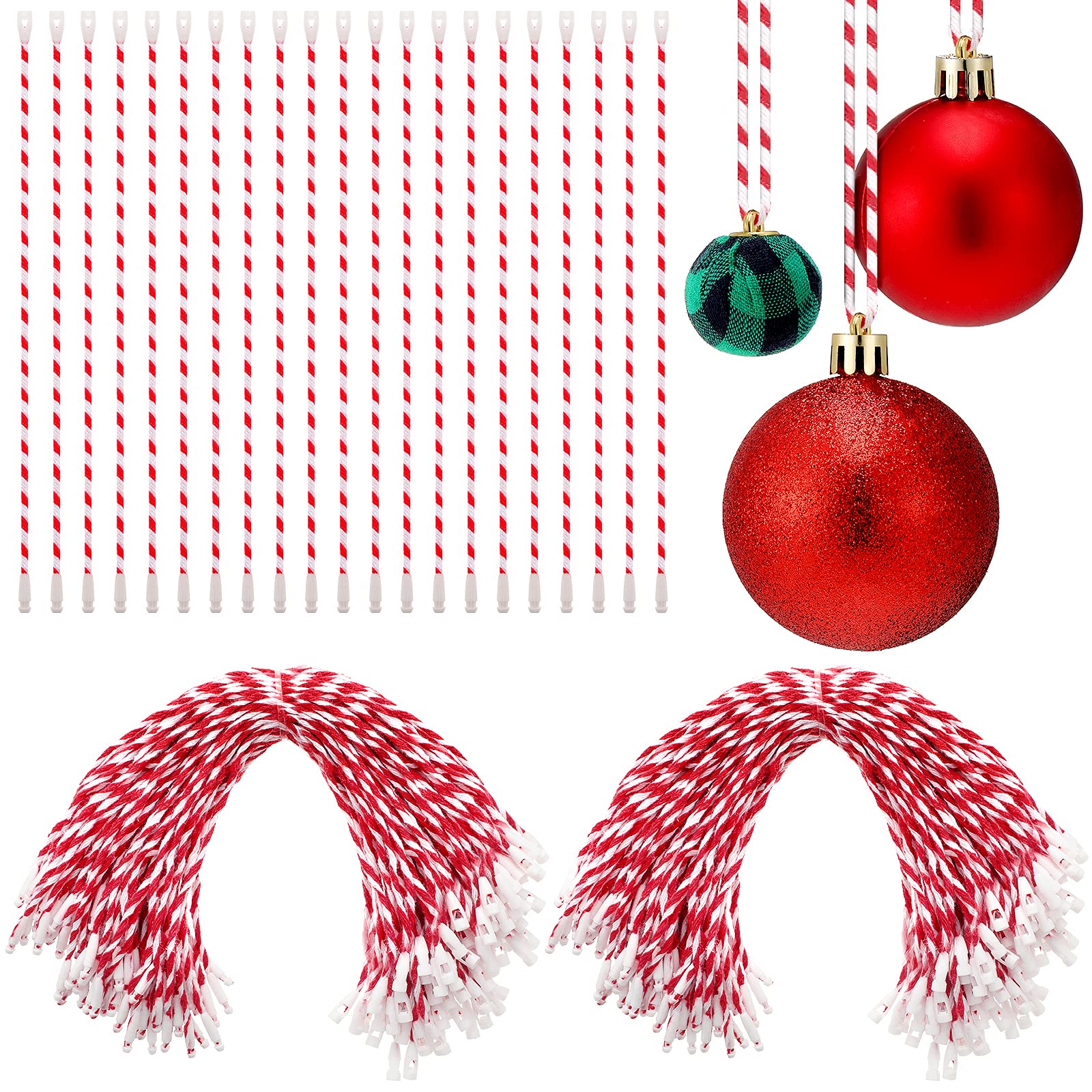 300 Pieces Christmas Ornaments Hanger String Snap Xmas Locking Fabric Hangtag Ropes for Holiday Party Hanging Decoration (Red, White)
