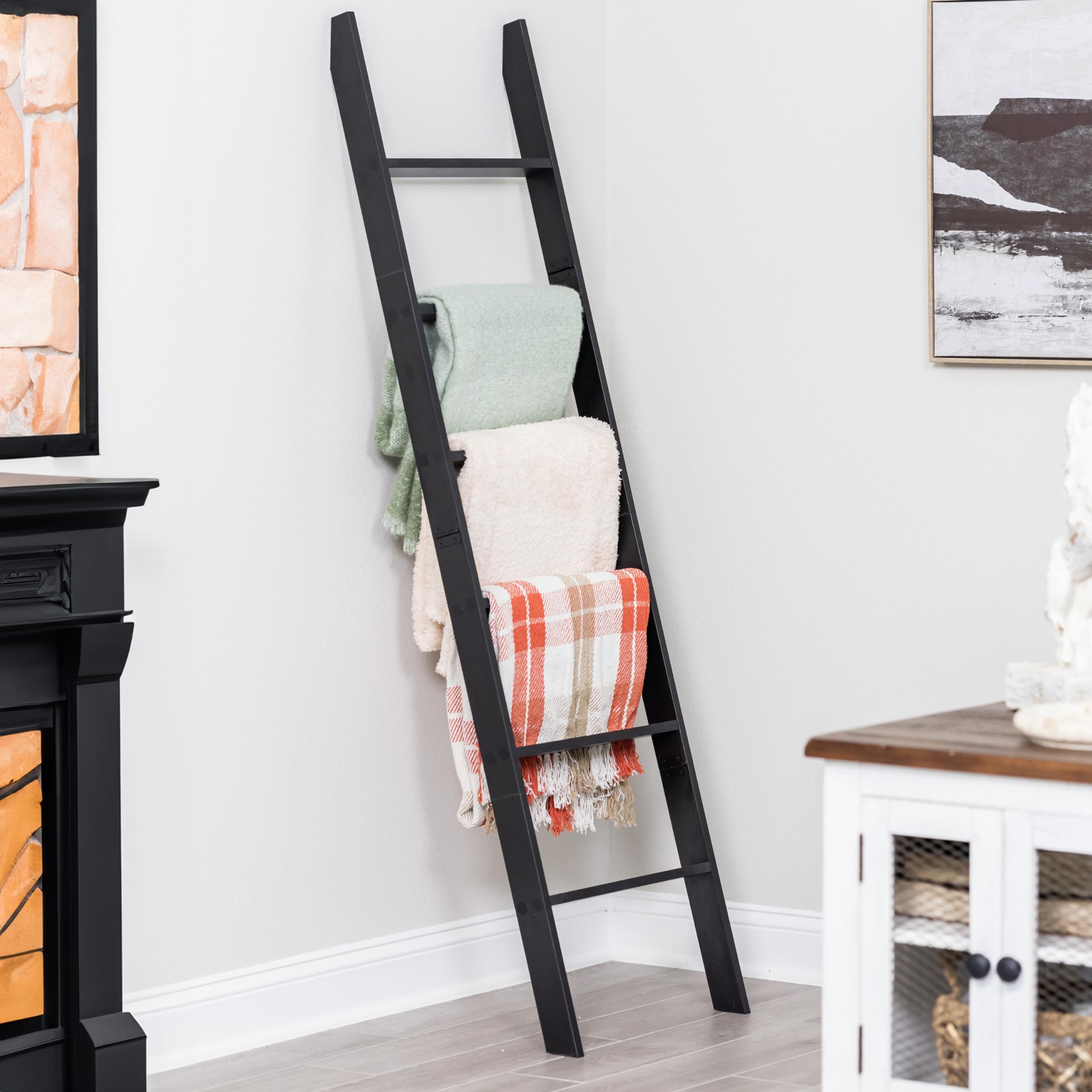 Photo 1 of Blanket Ladder for Living Room and Bedroom, 5ft 8 inch, 6-Tier Wall Leaning Laminate Snag Free Construction (Black) Rustic Decorative Farmhouse Blanket Storage, Quilt Rack, Ladder Shelf, Easy Assembly