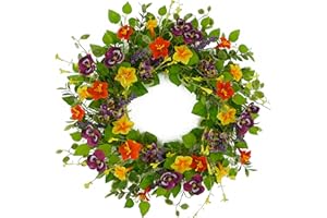 WreathDream Artificial Spring Summer Wreath with Pansy,Morning Glory,Lavender for Front Door Indoor Outdoor Farmhouse Wall Holiday Decor