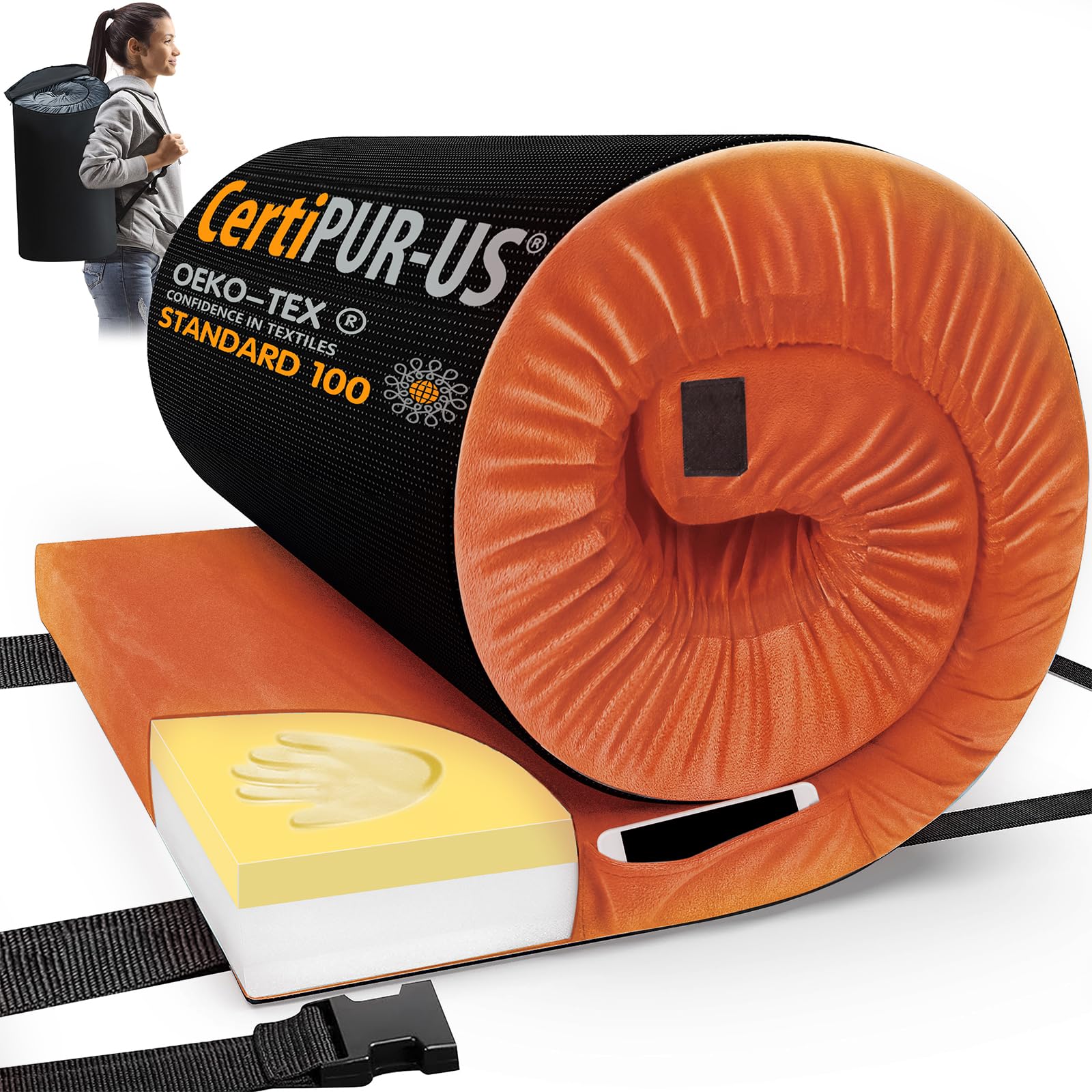 CYMULA CertiPUR-US Memory Foam Camping Mattress Pad, Portable Foam Sleeping Pad for Camping, Roll up Cot Orange Sleeping Mat Floor Mattress Guest Floor Bed for Sleepover, Car, Tent SUV Cot Mattress Image