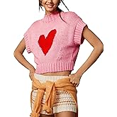 Fenghualzzniya Women Cap Sleeve Sweater Vest Cute Heart Print Mock Neck Sweaters Knitted Pullover Tank Tops