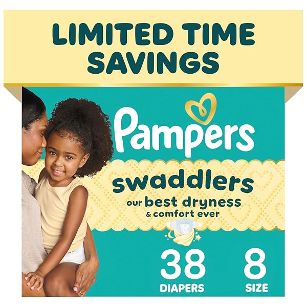 PAMPERS SWADDLERS DIAPERS, SIZE 8 (30+ LBS), 38 COUNT, ABSORBENT, KEEPS BABY DRY AND COMFORTABLE, SKIN SAFE DISPOSABLE BABY DIAPER (PACKAGING MAY VARY)