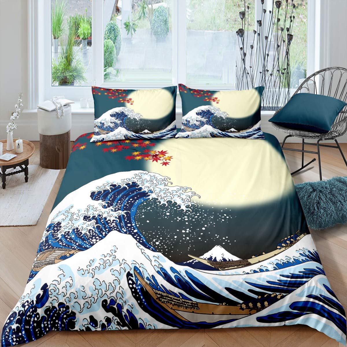 Japanese Ukiyoe Bedding Set for Kids Boys Girls Teens Ocean Wave Hokusai Japanese-Style Duvet Cover Soft Microfiber Quilt Cover Decor 2Pcs Comforter Cover Set With 1 Pillowcase Single — image 1