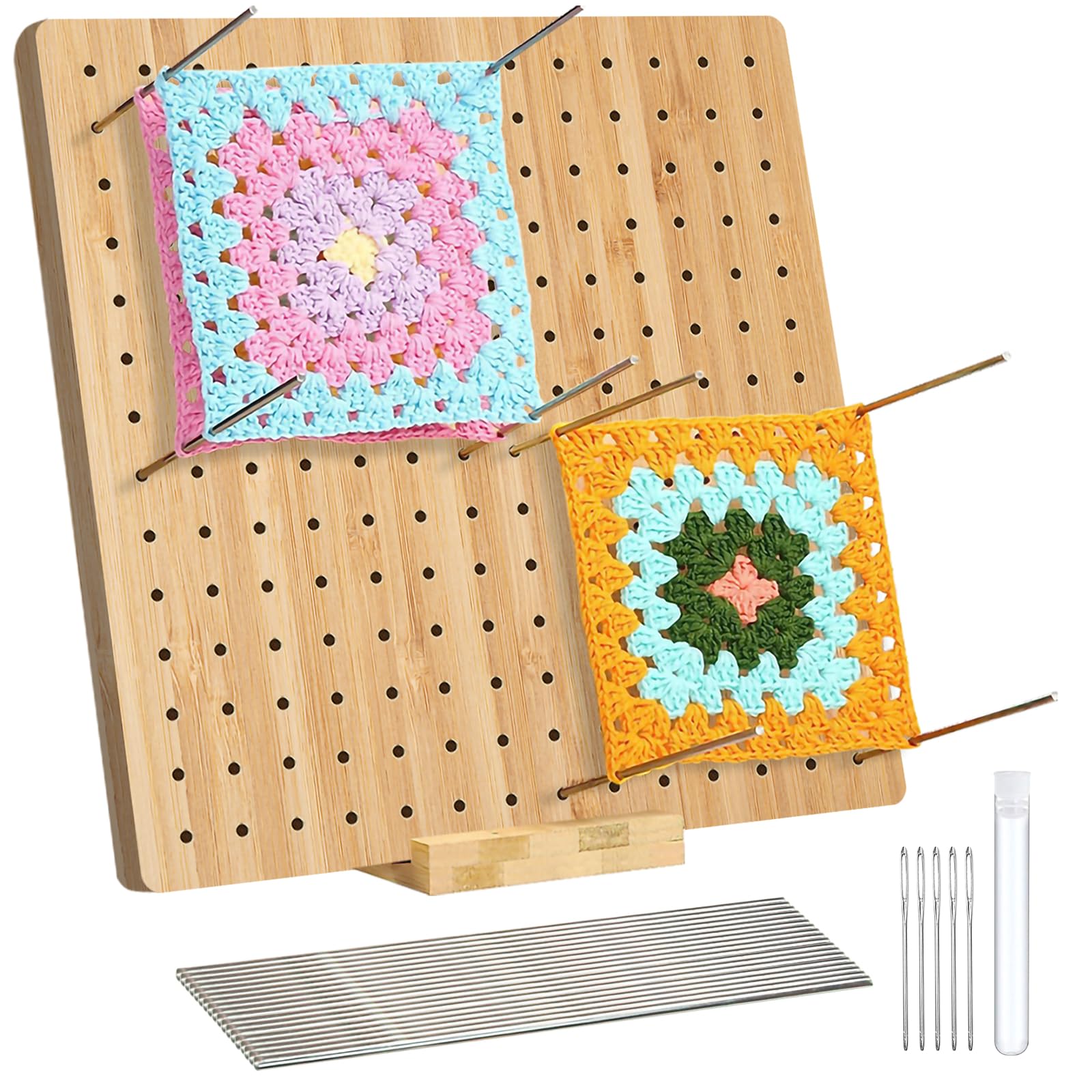 PQKL-party crochet blocking board and pins 7.9 inch, 20 steel needles, 5 knitting tacks, blocking board holder, square blocking board craft knitting tool gift for granny members