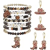 WCRAZYE 5 Pcs Western Cowgirl Bracelets Jewelry Set for Women Cowgirl Hat Boots Earring Stackable Western Country Beaded Stretch Bracelets Boho Summer Beach Jewelry
