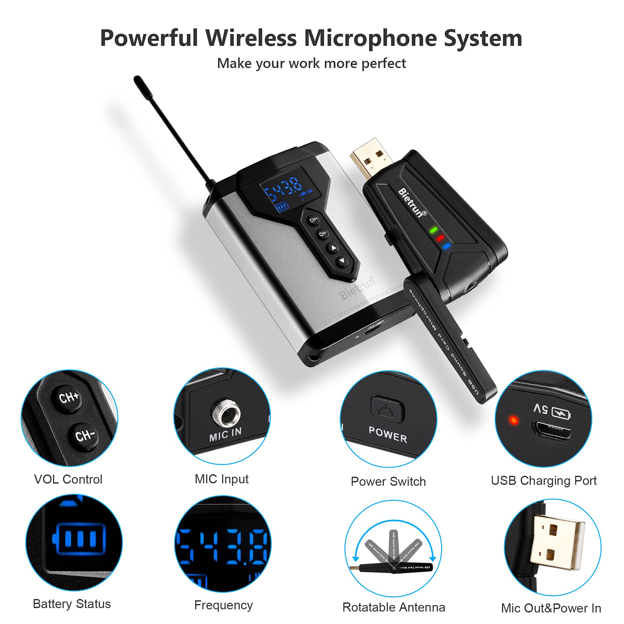 Bietrun Wireless USB Microphone for Computer, UHF Wireless Headset Mic and Lapel Lavalier Microphone System with USB Receiver for PC/Desktop/Laptop, Plug&Play, for Zoom, Meeting, Podcast, Recording