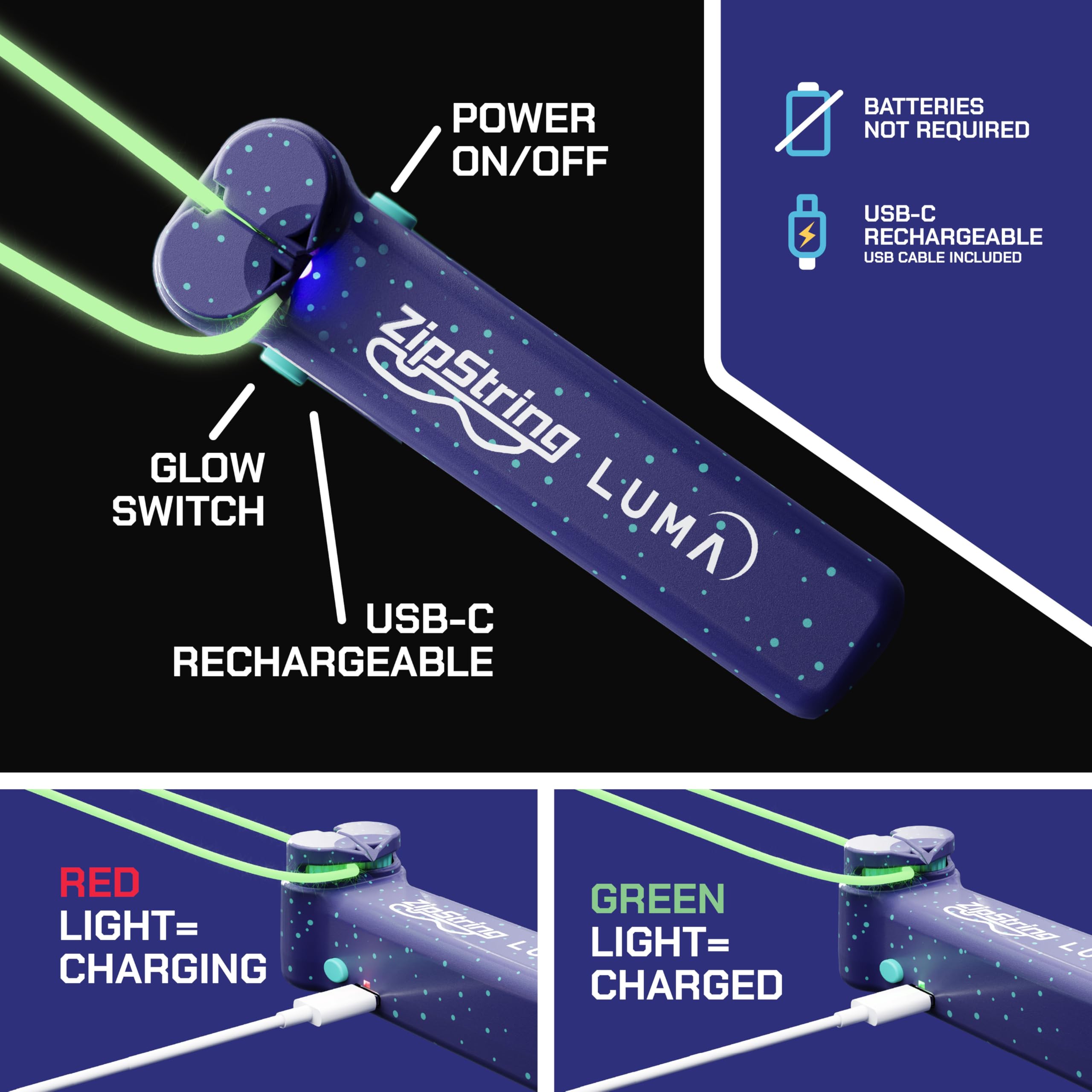 ZipString Luma - The Patented Glow-in-The-Dark Toy That Flies a Loop of String, Creates Endless Shapes and Tricks Built-in LED for Glowing Fun. Perfect STEM Gift for Kids & Adults. Wonderment Awaits