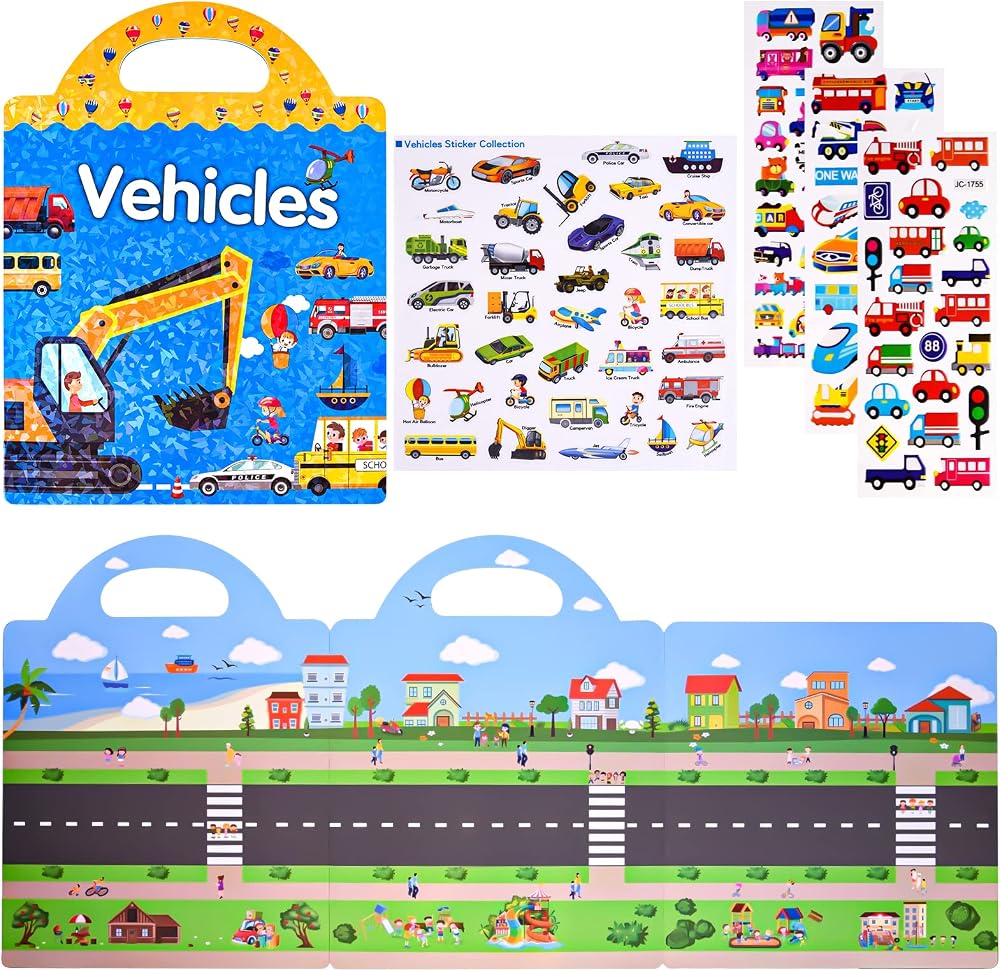 ASTARON Reusable 3D Puffy Sticker Book 88 Pcs Vehicles Kids Education