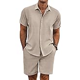 COOFANDY Men's Summer Beach Outfits 2 Piece Short Sleeve Shirts and Shorts Vacation Texture Linen Sets for Men