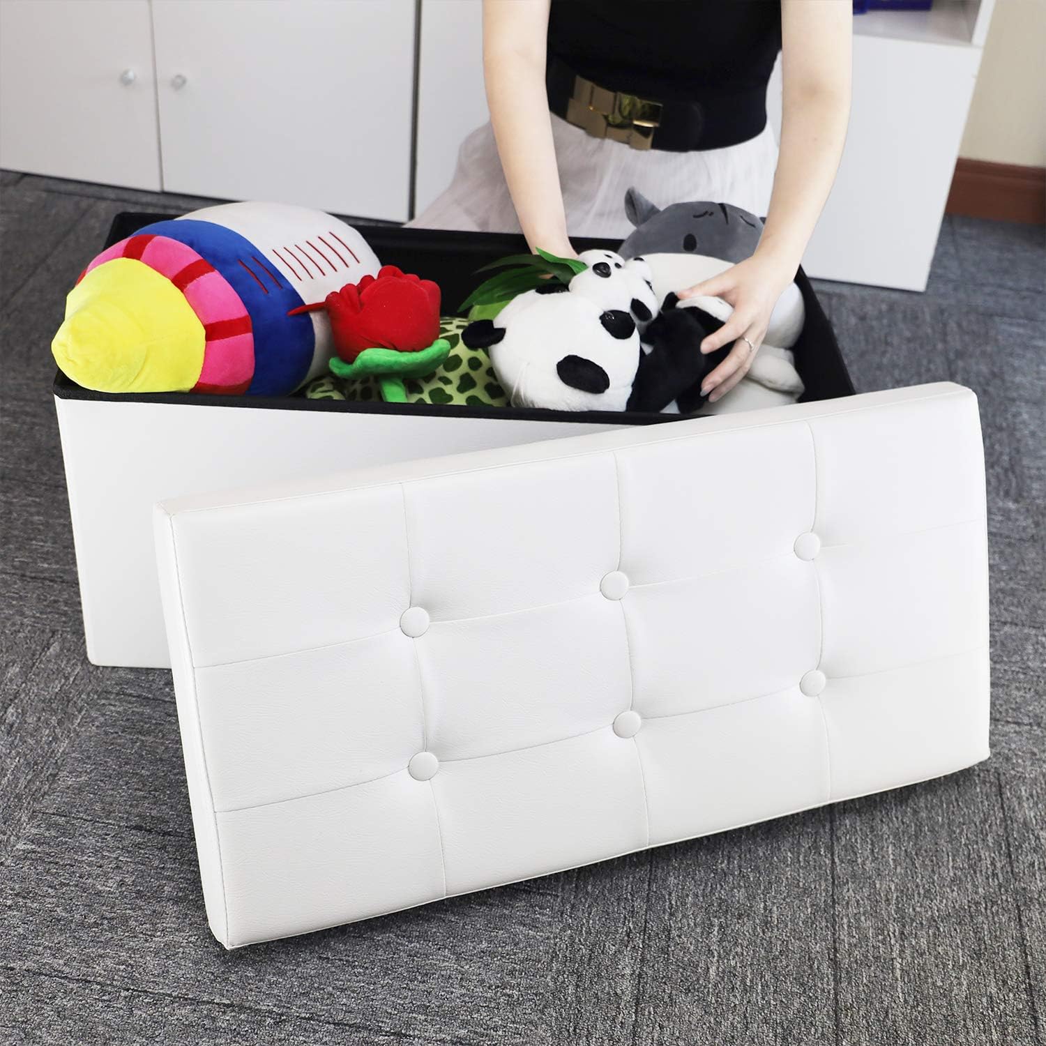 WoneNice 30 Inches Faux Leather Folding Storage Ottoman Bench, Ottoman Toy Chest Folding Storage Box, Hold Up to 300 LB (White): Kitchen & Dining