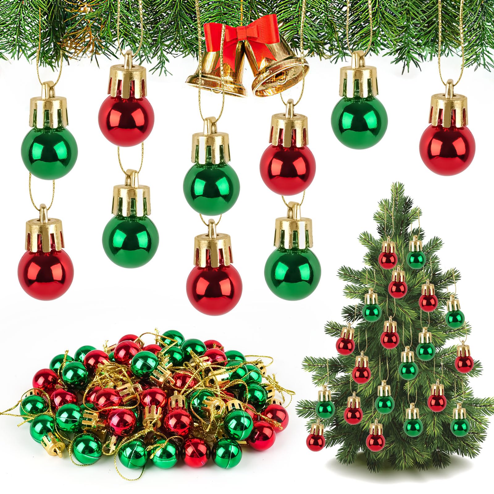 Coloured Christmas Ball, 48 Pcs Christmas Tree Decorations - Red, Green Mini Baubles for Small Tree, Tiny Baubles Pendant for Xmas