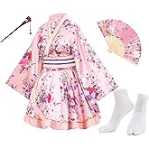 Japanese Anime Women's Dance Kimono Robe Fancy Dress Hand Held Silk Folding Fans Tabi Hairstick Socks Set