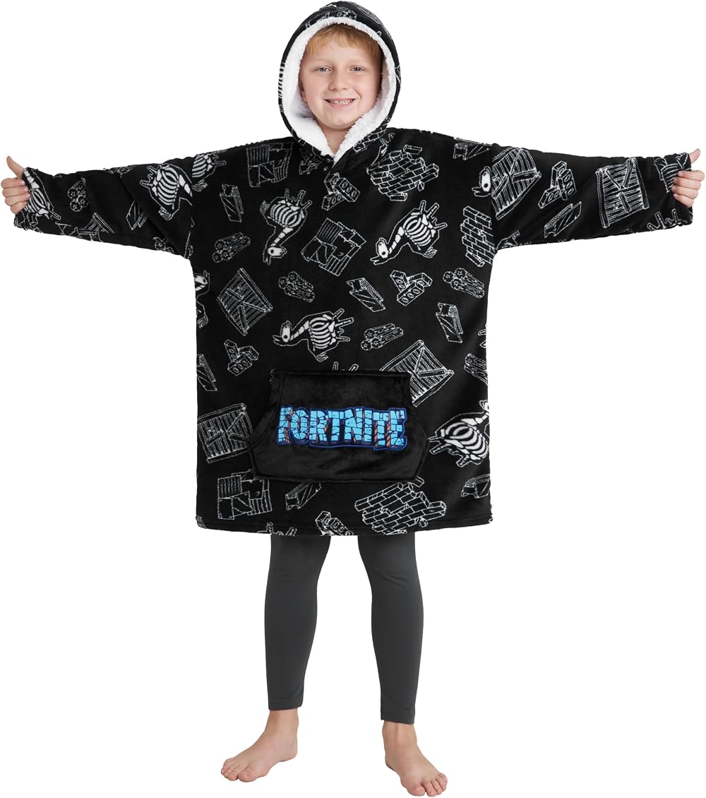 Fortnite Oversized Hoodie Blanket for Kids Teens Fleece Poncho Black White