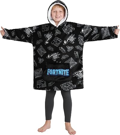 Fortnite Oversized Hoodie Blanket for Kids Teens Fleece Poncho Black White