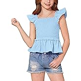 BesserBay Girls Summer Ruffle Cap Sleeve Square Neck Tank Top Peplum Hem Smocked Cute Babydoll Blouse 5-14 Years
