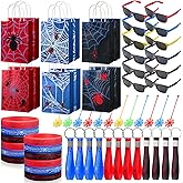 Simgoing 60 Pcs Spider Party Favors Include Spider Sunglasses, Web Gift Tote Bags, Blue Red Black Rubber Wristbands, Silicone Keychains and Sticky Webs for Birthday Comic Themed Party Decoration