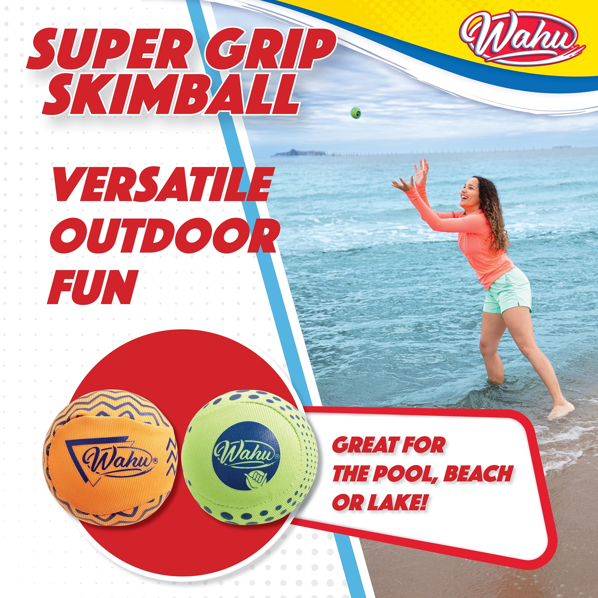 Wahu Super Grip 100% Waterproof Skimball Set, Pack of 2 Water Skipping Balls for Pool and Beach, Skips Over 150' on Water, Green/Orange