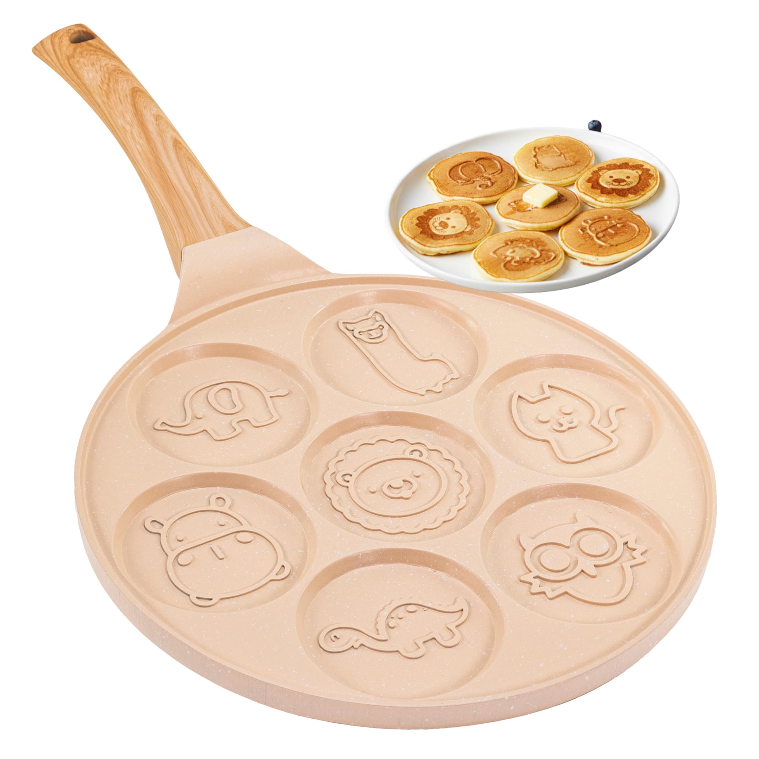 Erreke Pancake Pan, Crepe Pan, 7 Mini Pancakes Simultaneously, Double Non Stick Layer, All Types of Kitchens and Induction Hobs, Fun Design for Kids and Cooking, Soft Touch Handle, 26 cm, Beige