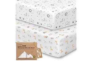 2-Pack Pack and Play Sheets, Waterproof Mini Crib Sheets Fitted - Organic Cotton Pack N Play Sheets for Graco Pack and Play M