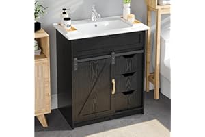 ELEVACHIC 30" Bathroom Vanity with Sink, Farmhouse Bathroom Cabinet, Bathroom Vanity Set with Sliding Barn Door & 3 Drawers, Freestanding Bathroom Vanities with Metal Handle, Black