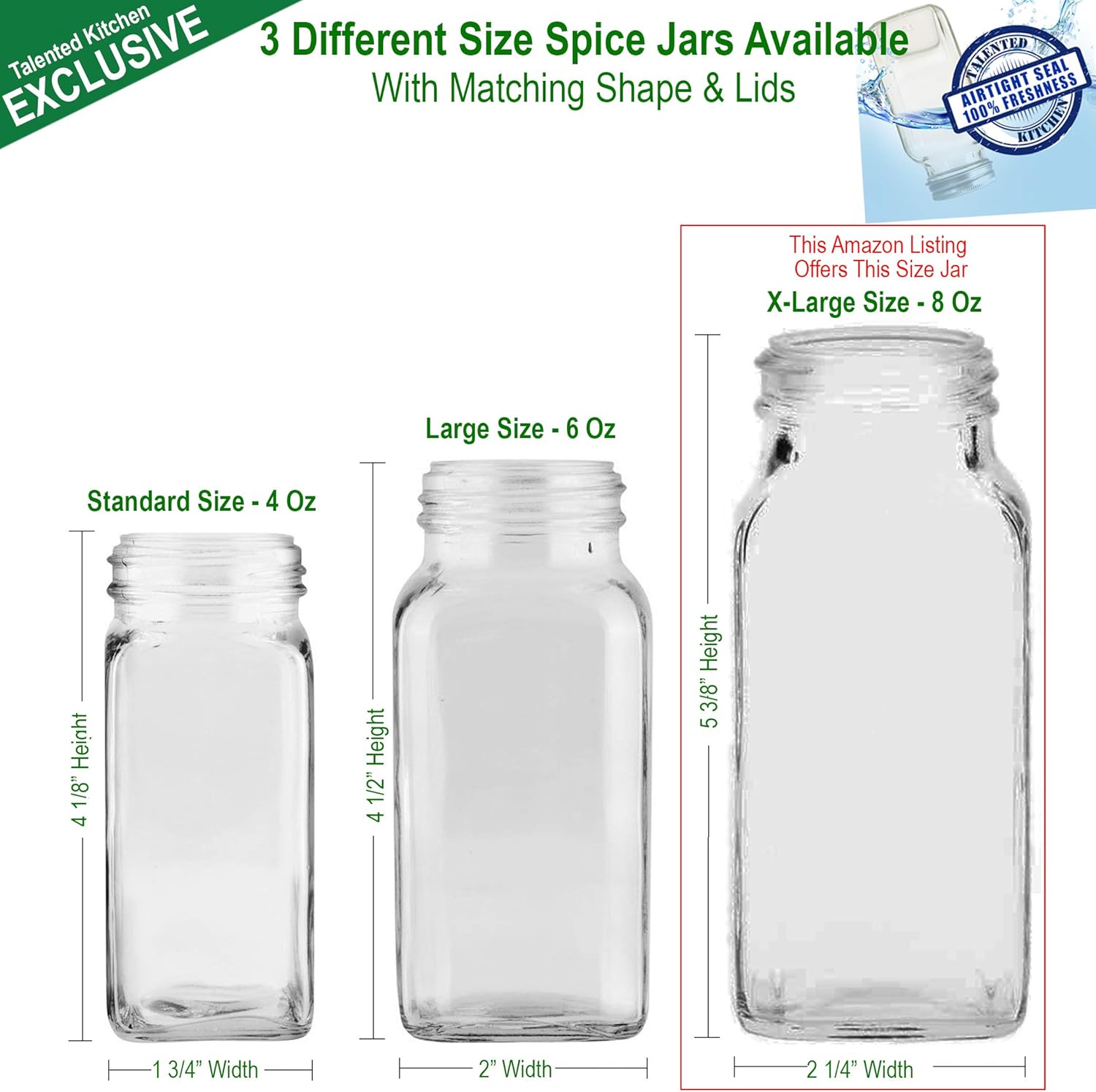 8 XLarge 8oz Glass Spice Jars w/2 Types of Printed Spice Labels. Premium Commercial Grade Set: Empty Square Jar, Airtight Cap Chalk & Clear Stickers Pour Sift Shaker by Talented Kitchen (8oz JARS): Home Improvement