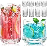 VasoArte Vintage Drinking Glasses, Art Deco Glassware, Set of 8 Hand-Made Glass Cups-17oz Highball Glasses & 10oz Cocktail Glasses, Ribbed Glassware, Bar Tumbler Set, Kitchen Glass ware