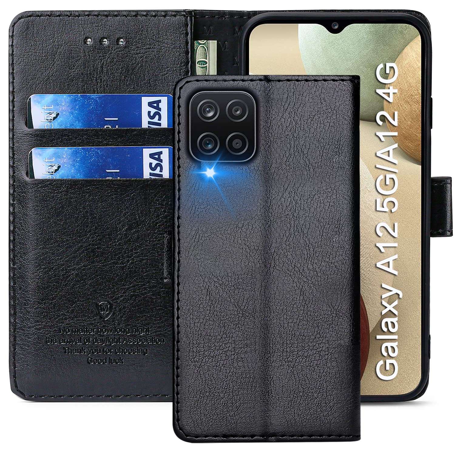 FMPCUON Case For Samsung Galaxy A12/M12,High-grade Leather Flip Wallet Phone Case Cover for Samsung Galaxy A12/M12 6.5 Inch [Card Slots] [Kickstand] [Magnetic Closure]-(Black) — image 1