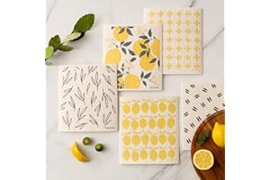 RECYCO Swedish Dishcloths for Kitchen | 5 Packs Fruit Lemon Washable Dish Rags | Cellulose Reusable Cleaning Paper Towels | Absorbent Counter Dish Cloth Sponge Kitchen Wipes, 8" L x 10" W