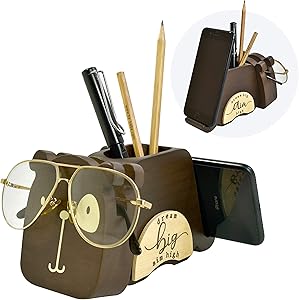 I'm Wood Multipurpose Eyeglass Phone Pen & Pencil Holder Stand Stationery Desk Organizer Accessories Decor, For Home Office Desktop Decoration Birthday Graduation Gifts “Dream Big Aim High” (Dog)