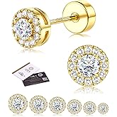 Moissanite Stud Earrings with Flat Back - 925 Sterling Silver D Color VVS1 Moissanite Earring for Women Men,14K White Gold Plated Brilliant Halo Stud Earrings Hypoallergenic Jewelry for Sensitive Ear