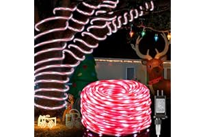 Hiboom 65.6 ft Christmas Candy Cane Rope Lights, 8 Lighting Modes Outdoor Waterproof Christmas Rope Lights with Timer for Terrace Tree Fence Patio Garden Yard Decor(1 Pack)