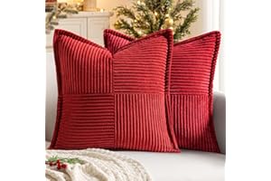 MIULEE Christmas Decorative Throw Pillow Covers for Couch Bed Livingroom 18x18 Inch Set of 2 Red Boho Accent Throw Pllows Broadside Striped Patchwork Soft Corduroy Pillowcases