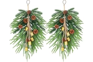SOLSEW 2 Pcs Christmas Norfolk Pine Teardrop Swag 18 Inch Artificial Swag with Bells and Faux Pine Cones Christmas Norfolk Greenery for Xmas Holiday Door Stairs Table Mantle Fireplace Indoor Outdoor Decor